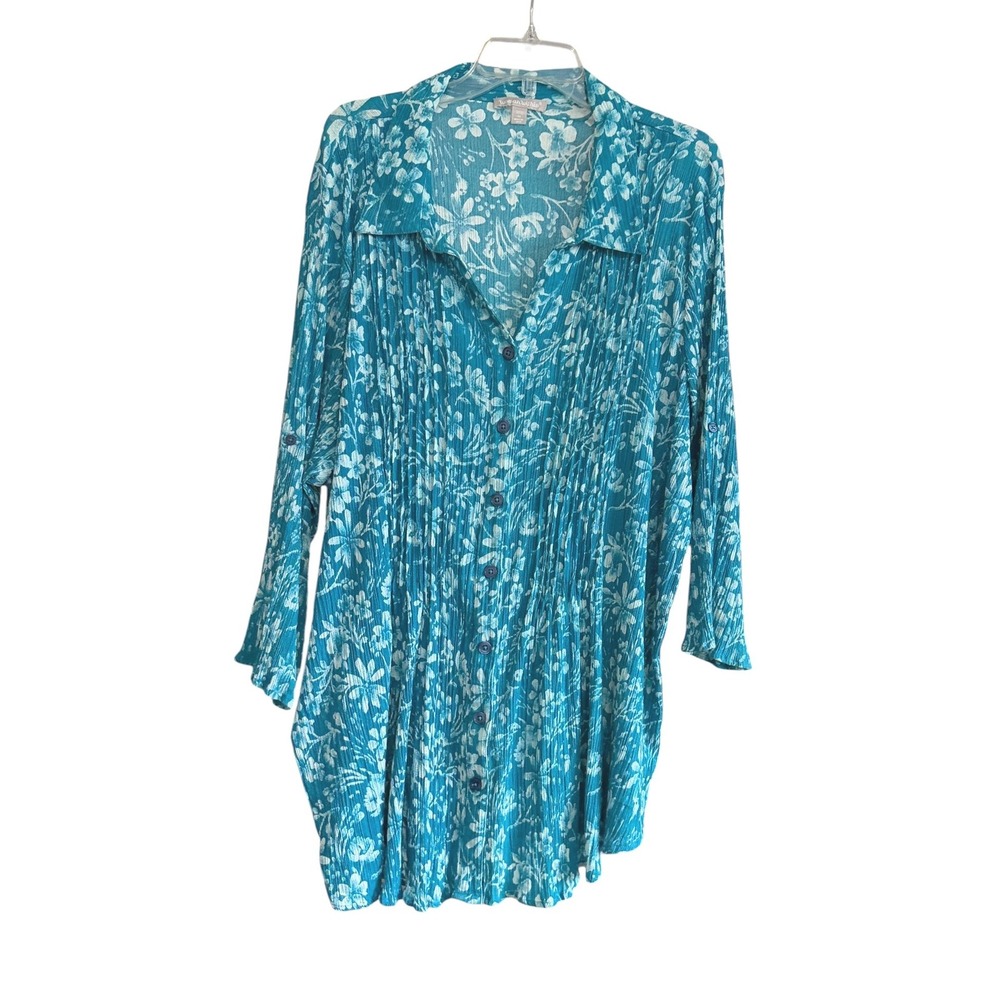 Woman Within Teal Floral Cotton Gauze Pintuck Tunic Blouse‎ 3X Top Cottagecore